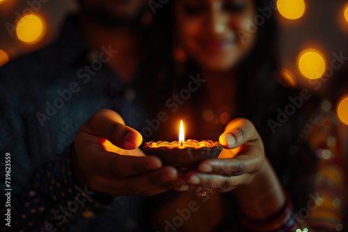 Indian couple holds diwali traditional candle