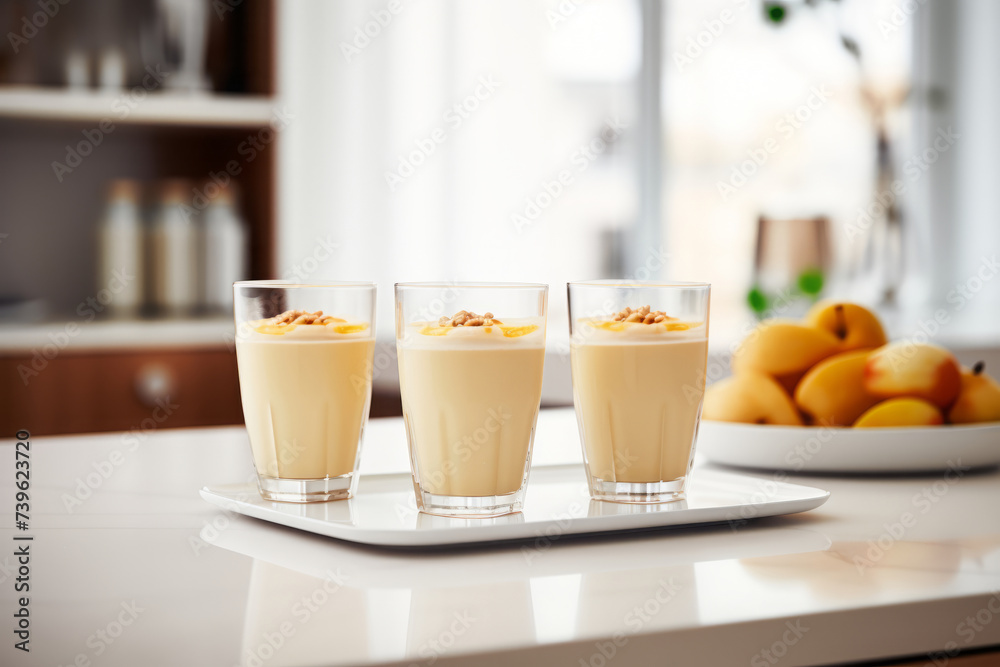 Apple smoothie in three glasses in white modern kitchen with mango, healthy breakfast or snack idea Apple smoothie in three glasses in white modern kitchen with mango, healthy breakfast or snack idea