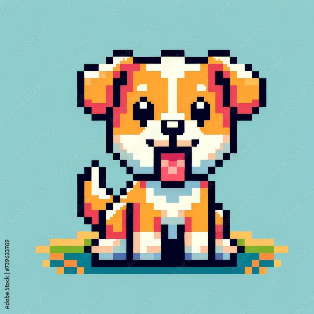 Fototapeta premium Pixel art of a dog with a green background, in the style of early 90s video game console, cute 8 bit animal illustration