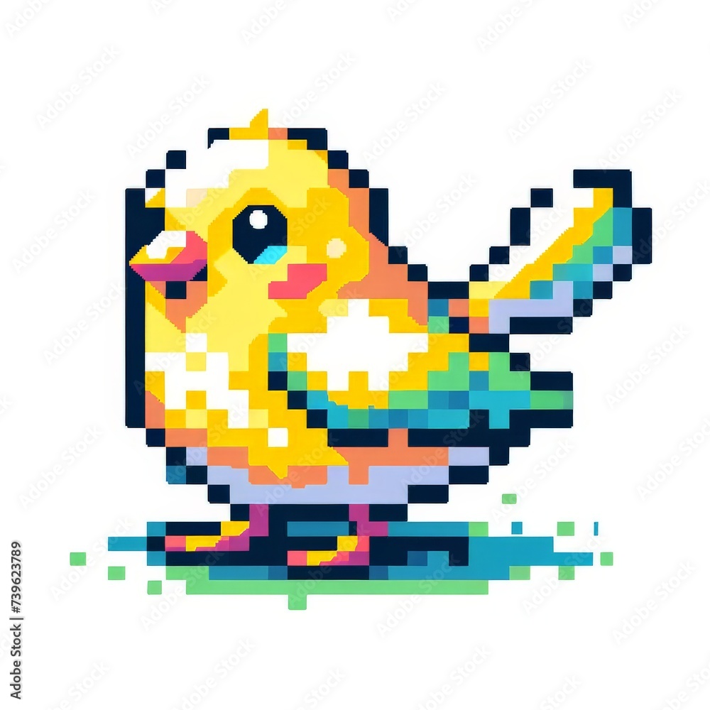 Obraz premium Pixel art of a canary bird with a white background, in the style of early 90s video game console, cute 8 bit animal illustration