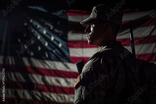 Soldier of US army with American flag background