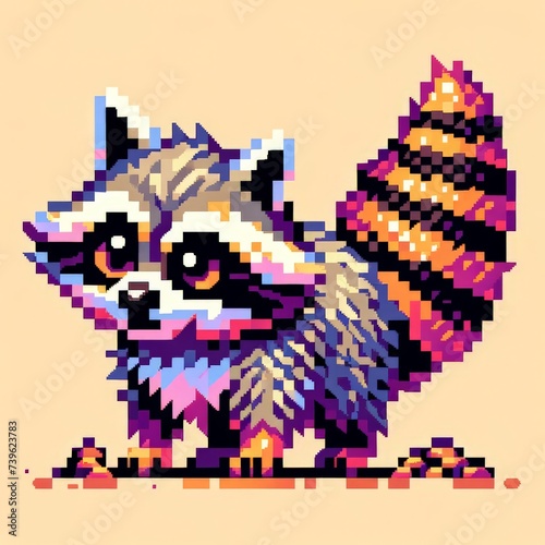 Pixel art of a raccoon with a orange background  in the style of early 90s video game console  cute 8 bit animal illustration