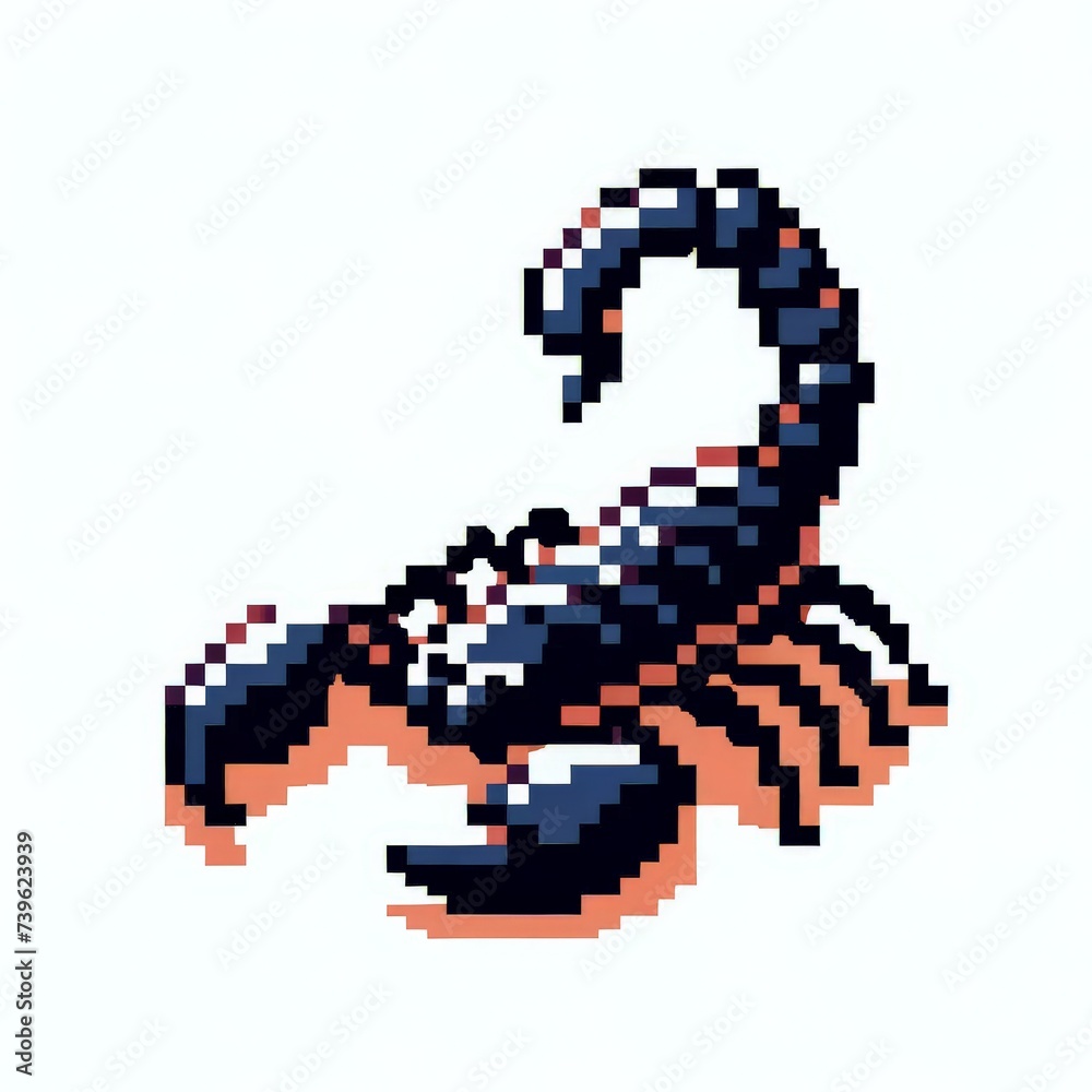 Pixel art of a scorpion  with a white background, in the style of early 90s video game console, cute 8 bit animal illustration