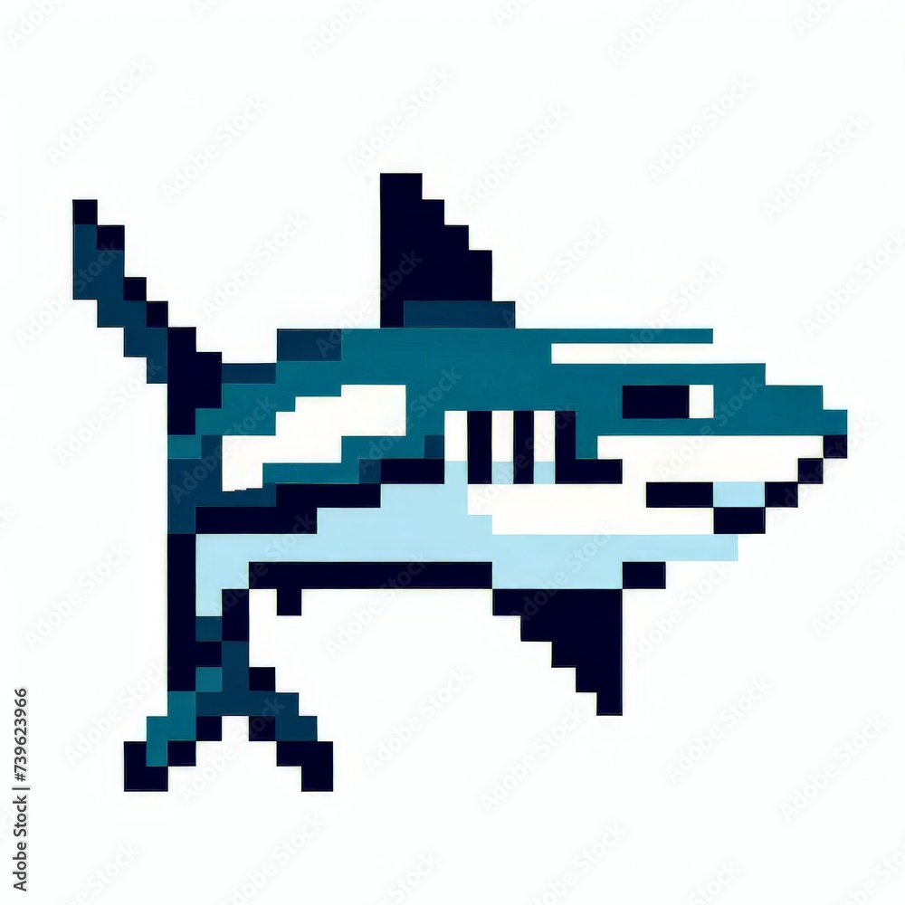 Pixel art of a shark with a white background, in the style of early 90s video game console, cute 8 bit animal illustration