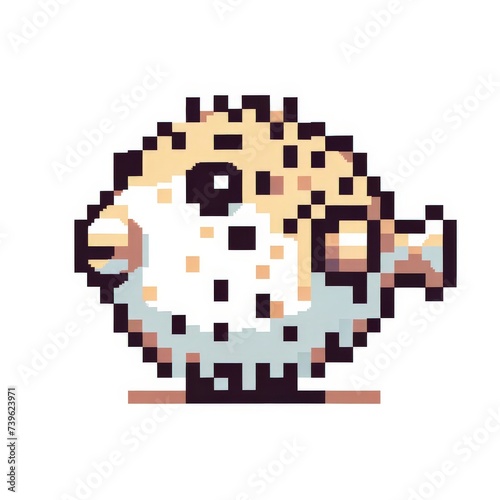 Pixel art of a pufferfish with a white background, in the style of early 90s video game console, cute 8 bit animal illustration photo