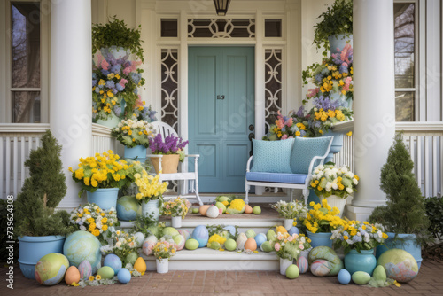 Front porch decorated for Easter with spring flowers and colored eggs, pastel colors spring decorations