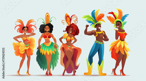 Brazilian samba dancers girls wearing festival costume and dancing together carnival party concept horizontal