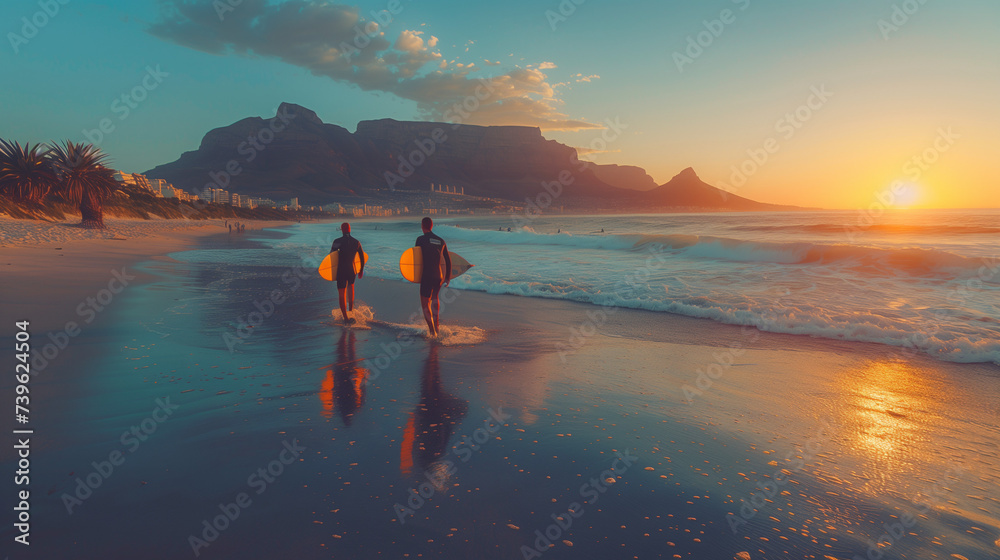 Fototapeta premium Two male surfers go surfing in the sea. Two men carrying surfboards run in to the sea for surfing in Cape Town in the evening at sunset
