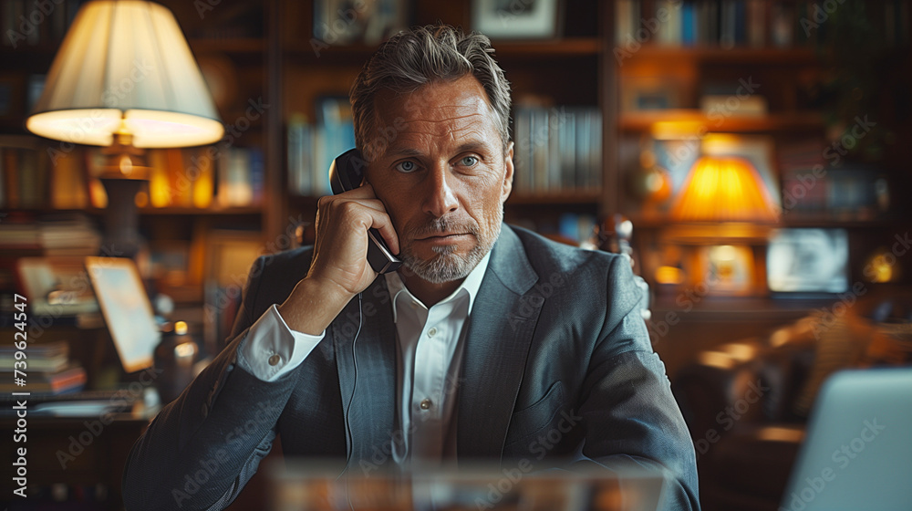 Businessman on the phone sitting at the laptop in his office. A male business professional in the office talking on a cell phone, men in suits in the evening Businessman on the phone sitting at the laptop in his office. A male business professional in the office talking on a cell phone, men in suits in the evening