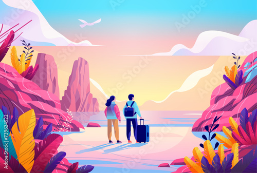 travelers couple with luggage standing on tropical beach summer vacation time to travel concept seascape background