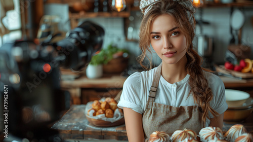 Young woman vlogger baking and recording video for food channel. Female pastry chef vlogging with her camera mounted on a tripod in the kitchen for sharing on social media