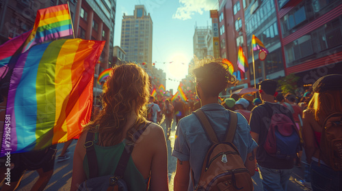 Rear view of people in the pride parade. A group of people on the city street with a gay rainbow flag support lgbtqi rights