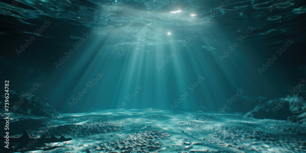 Underwater scene with sun rays and sun
