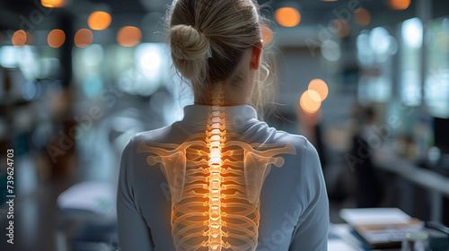 highlighted spine of the neck and back of a woman standing in an office with neck and back pain in the office, medical concept, office syndrome, a woman with neck and back pain highlighted the bones photo
