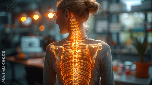 highlighted spine of the neck and back of a woman standing in an office with neck and back pain in the office, medical concept, office syndrome, a woman with neck and back pain highlighted photo