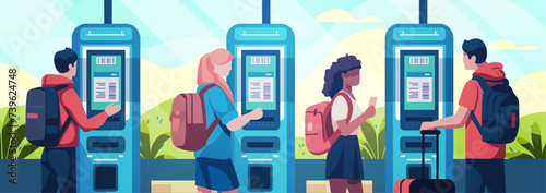 mix race passengers in arrival waiting room self check in at automatic machine or buying tickets in interactive terminal travel service concept