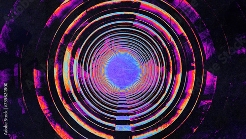 Abstract tunnel-like view with colorful concentric circles against dark background and distressed texture