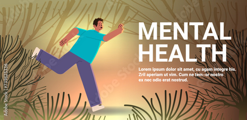 depressed man running away from himself sad guy suffering from psychological diseases anxiety mental health awareness month concept