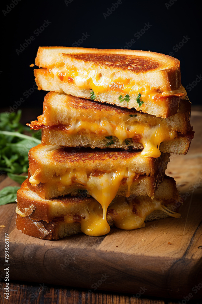 Grilled cheese sandwiches with melty cheese on a wooden cutting board Grilled cheese sandwiches with melty cheese on a wooden cutting board