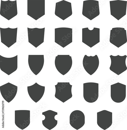 A set of 24 shield icons, pointed shield logos, rounded shield, tall and short shields.