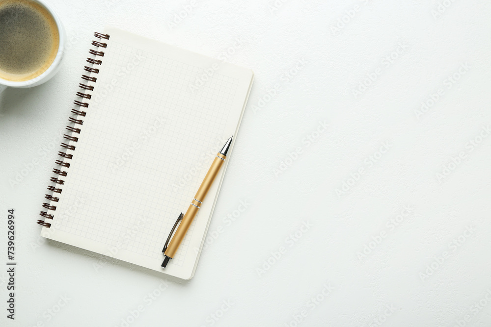 Notebook, coffee and pen on white table, flat lay. Space for text Notebook, coffee and pen on white table, flat lay. Space for text