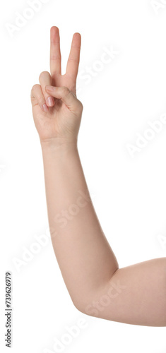 Playing rock, paper and scissors. Woman making scissors with her fingers on white background, closeup