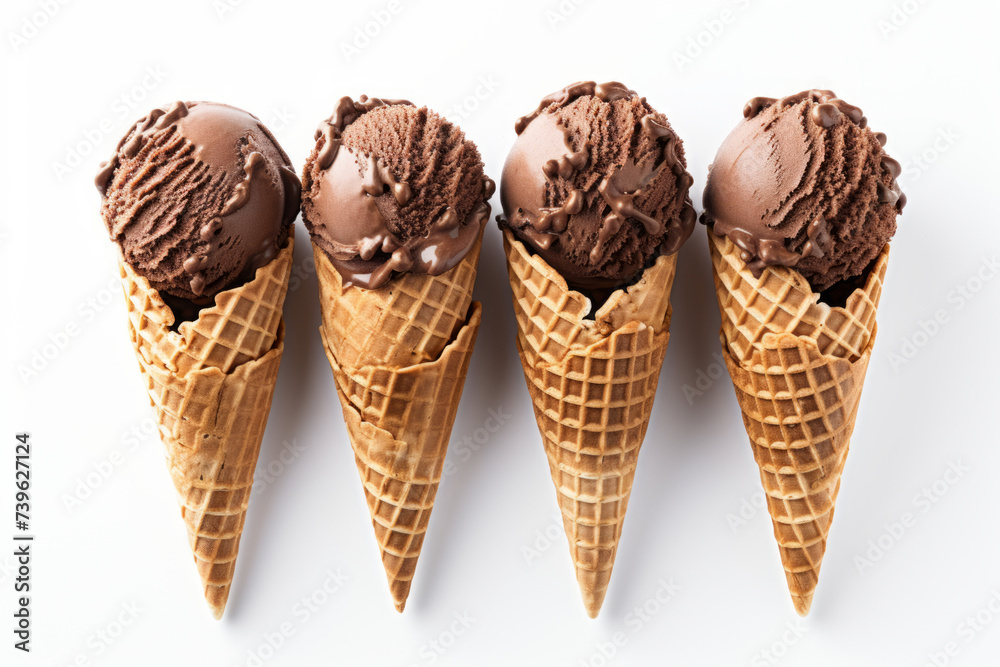 Chocolate ice cream scoops in a waffle cones on a white background overhead view Chocolate ice cream scoops in a waffle cones on a white background overhead view