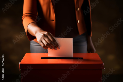 Dark skinned female hand putting a ballot in the box during elections, black voter concept © fahrwasser
