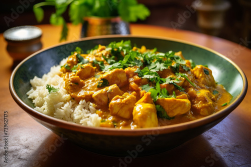 Chicken curry in a bowl served with rice and fresh cilantro