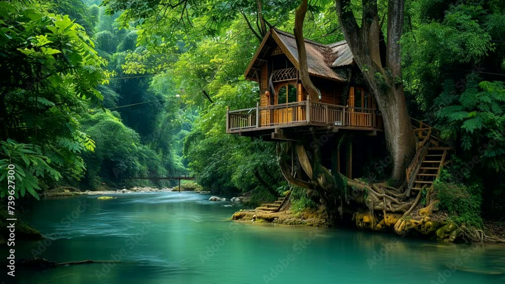 Riverside Retreat: A Beautiful Tree House Nestled by the River. Crafted by Generative AI Riverside Retreat: A Beautiful Tree House Nestled by the River. Crafted by Generative AI