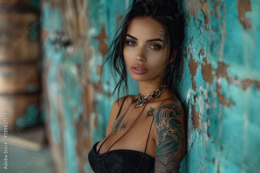 woman is dressed in leather harness and black leather