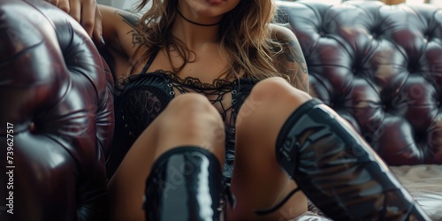 woman is dressed in leather harness and leather lingerie for adult bdsm games.