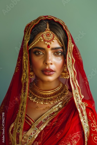 Hindu Woman in Red and Gold Outfit. Generative AI