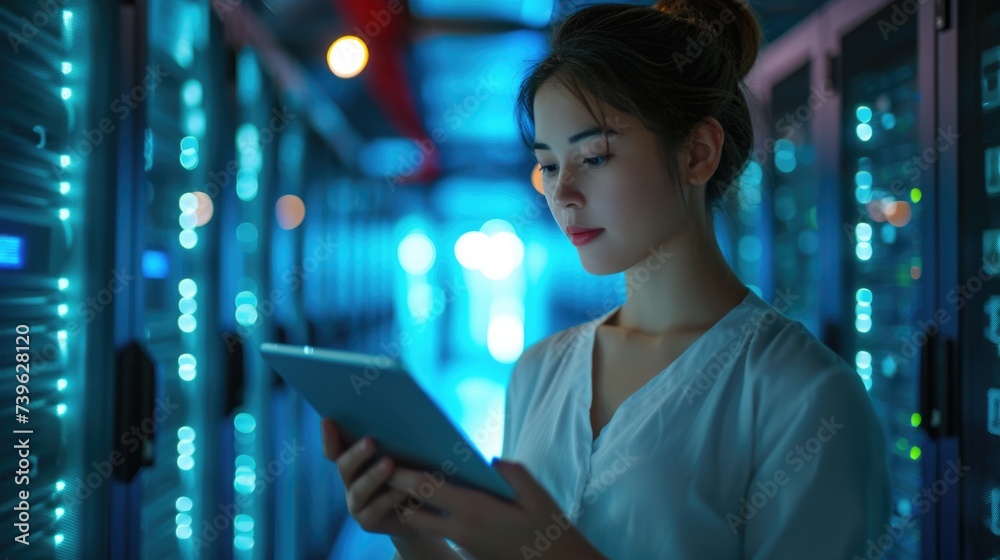 Female IT Specialist Uses Tablet in Data Center. Server Farm Cloud Computing Facility with Maintenance Administrator Working. Cyber Security Engineer Working Female IT Specialist Uses Tablet in Data Center. Server Farm Cloud Computing Facility with Maintenance Administrator Working. Cyber Security Engineer Working