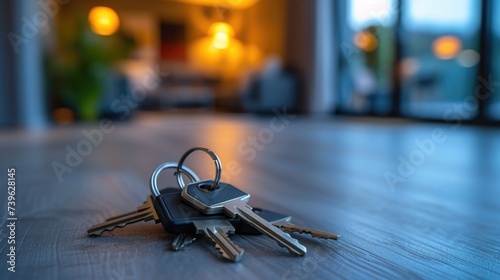 A shiny metal key with a silver-colored house-shaped keychain attached, symbolizing homeownership, real estate investment, and the concept of buying a new home