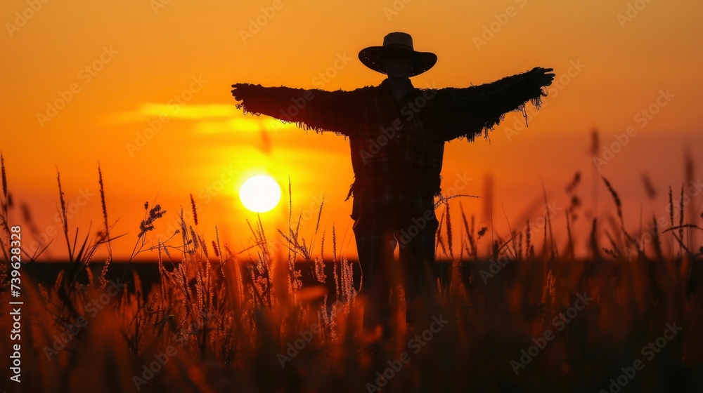A lone scarecrow stands tall against the fading light of the sunset its silhouette blending in with the quiet countryside.