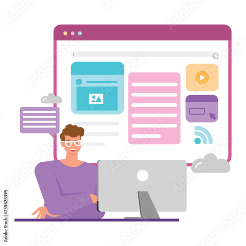 Office man working on computer to create website. Business people character vector design. 