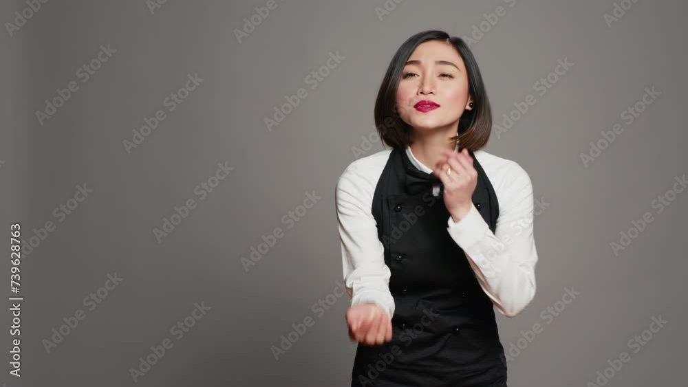 Cute flirty waitress blowing air kisses in front of camera, acting romantic with sweet gesture. Asian restaurant employee posing with a kissy facial expression, catering industry. Camera A. Cute flirty waitress blowing air kisses in front of camera, acting romantic with sweet gesture. Asian restaurant employee posing with a kissy facial expression, catering industry. Camera A.