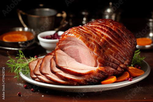 Christmas ham brown sugar glazed spiral cut on a serving board
