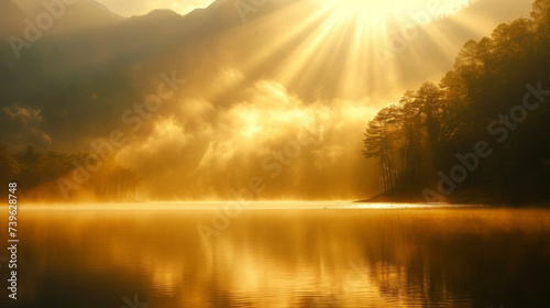 Golden light filters through the mist and gently lands on the tranquil lake at the base of the mountains.