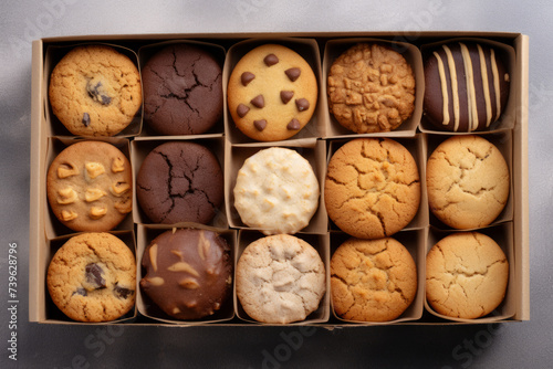 Box of assorted cookies overhead with chocolate chip, shortbread, chocolate glazed
