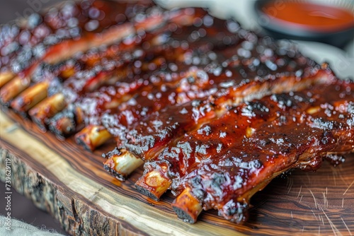 succulent grilled pork ribs on rustic wooden plate, Generative AI