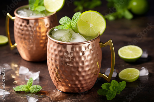 Moscow mule cocktail with lime and mint in traditional cups