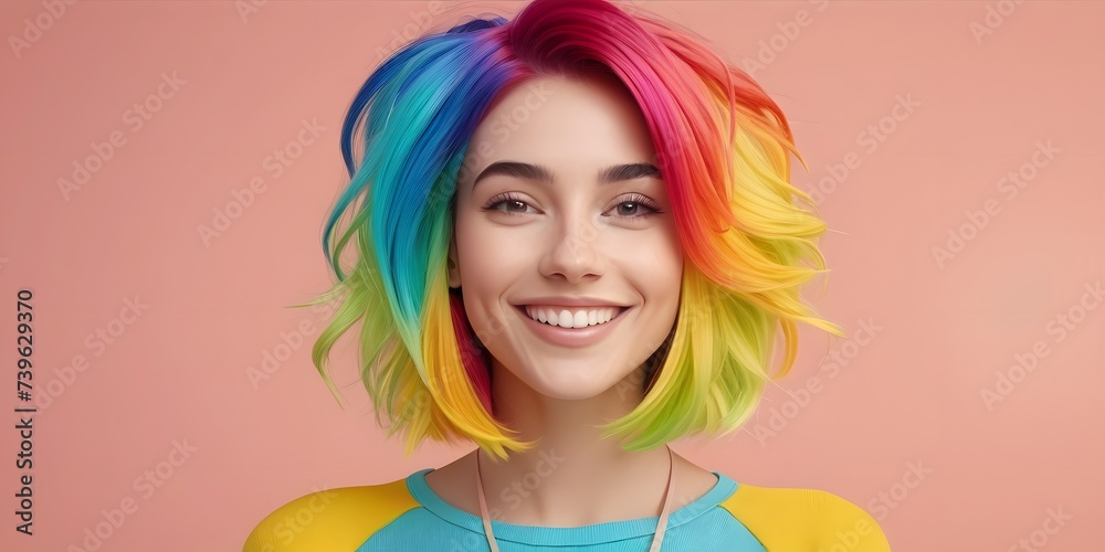The woman with pink rainbow hair is happily smiling for the camera, showing off her colorful head accessories
