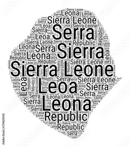 Black and white word cloud in Sierra Leone shape. Simple typography style country illustration. Plain Sierra Leone black text cloud on white background. Vector illustration.