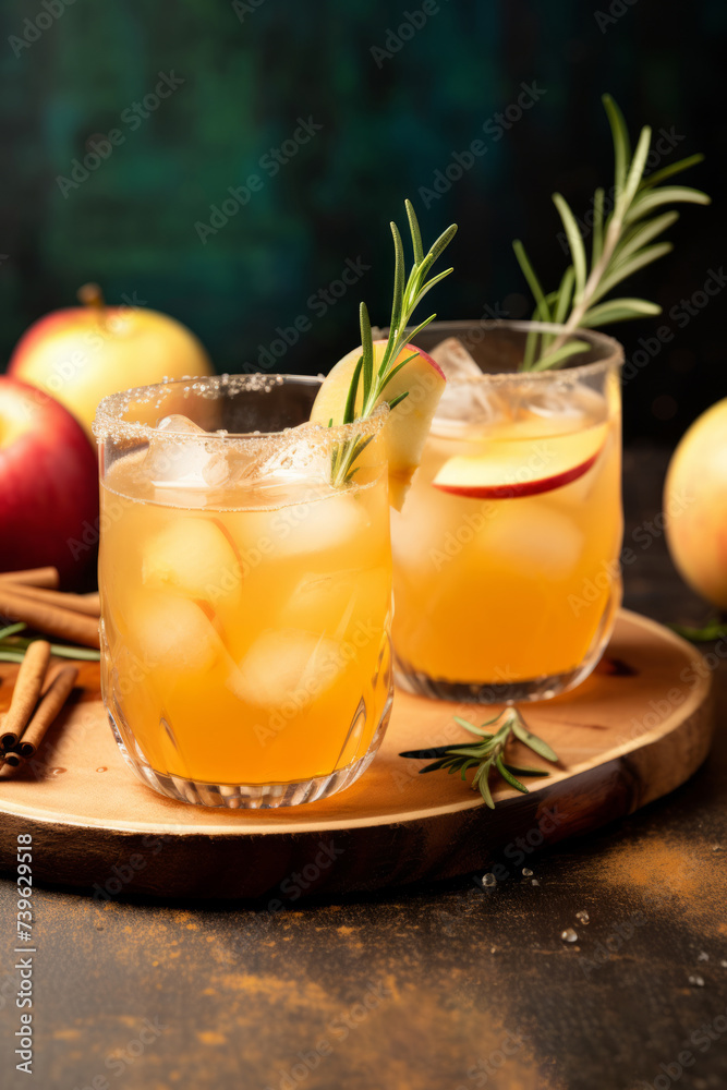 Hard apple cider cocktail with apple slices and rosemary sprigs Hard apple cider cocktail with apple slices and rosemary sprigs