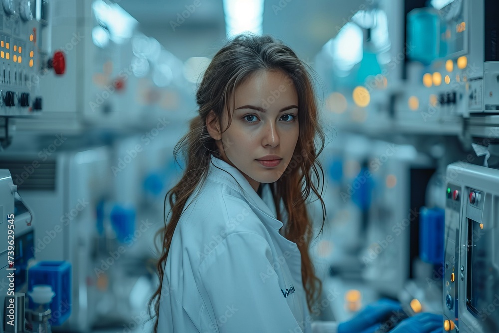 Fototapeta premium young woman in laboratory, scientific equipment, technological environment, research. 