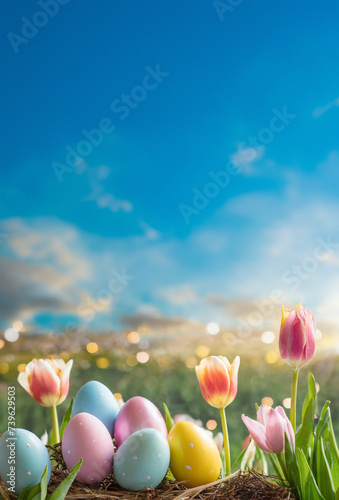 Easter day with colorful eggs green garden blur background with bokeh and sun light blue sky © graphixchon