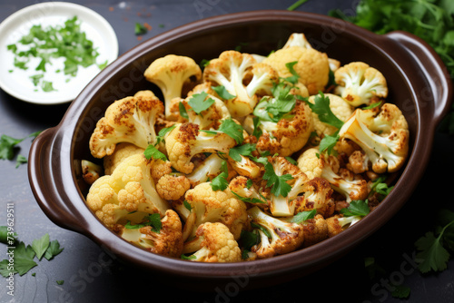 Roasted cauliflower with parsley in a baking dish, vegan side dish