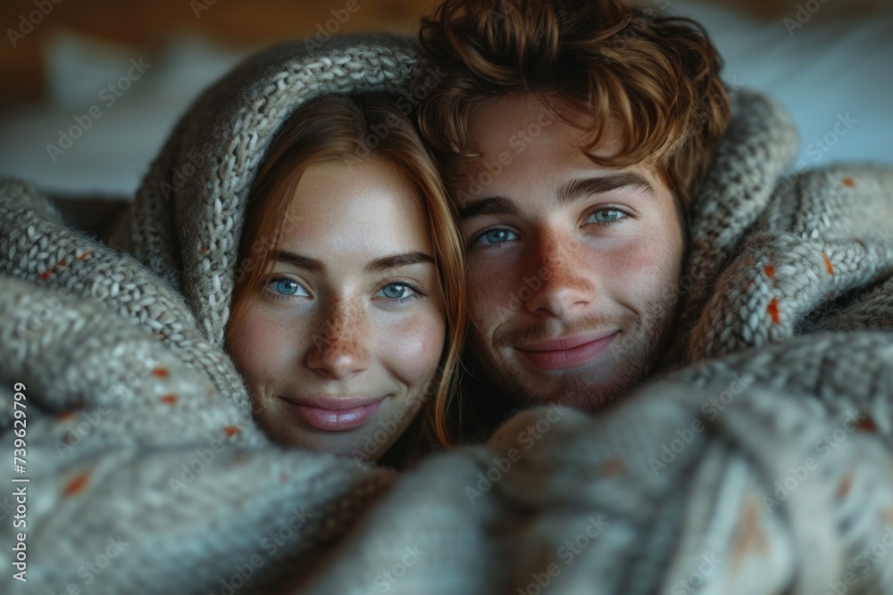 Couple in bed, concept of enjoying the morning. Background with selective focus and copy space Couple in bed, concept of enjoying the morning. Background with selective focus and copy space